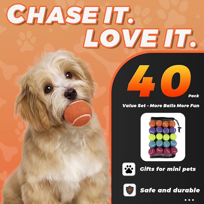 INSUM 1.5 Inch Mini Tennis Balls for X-Small Dogs & Cats, 20/40 Pack Soft Fetch Play Toys for Puppies & Kittens, Training & Indoor Outdoor Exercise