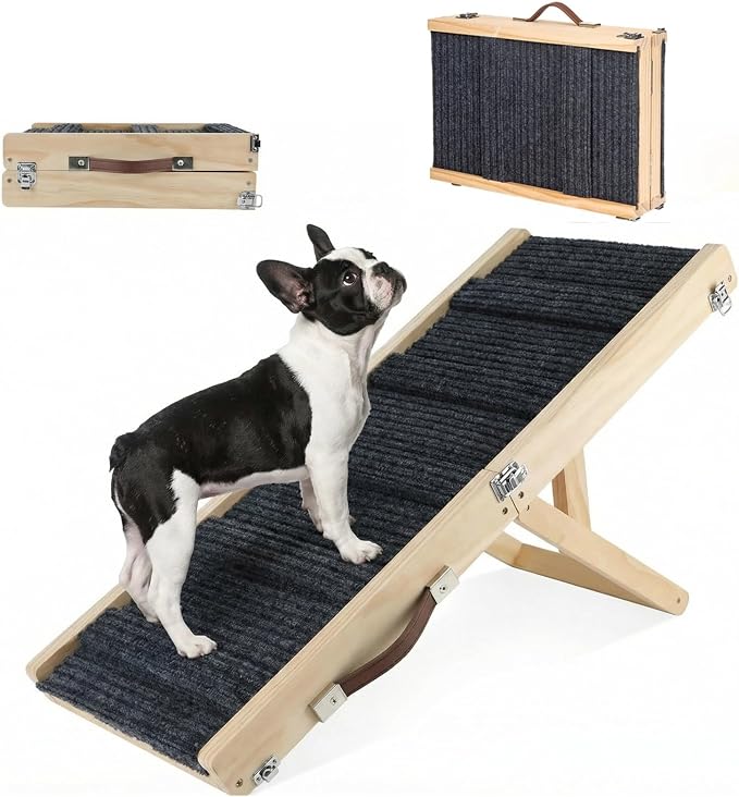 Valerith's Keep Dog Ramp for Couch & Bed for Small Dogs, Foldable Small Dog Ramps for Sofa - 31.5" LX12 W, 4 Adjustable Height, Portable, Stable, Non-Slip, Carry Handle, Wood Color, Solid Wood