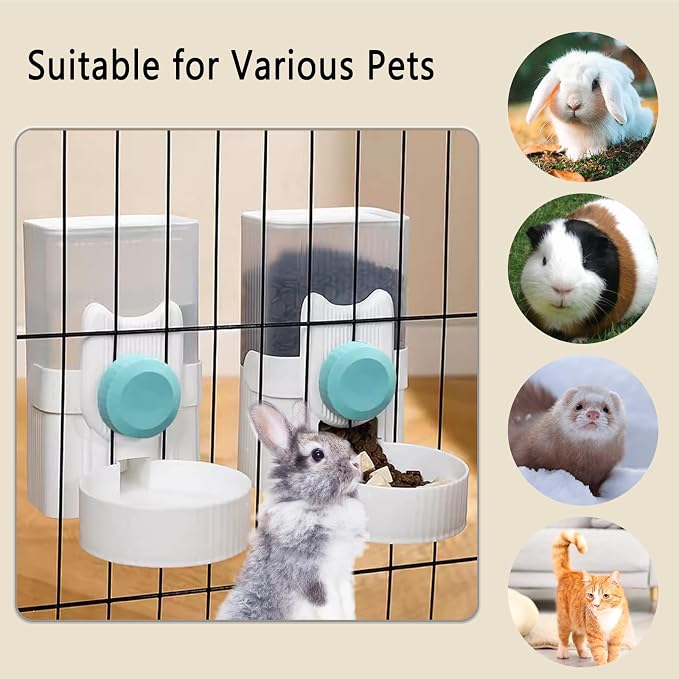 kathson Hanging Automatic Pet Food and Water Dispenser,Gravity Auto Rabbit Feeder for Cage,Guinea Pig Feeder and Waterer Set,Cat Food Bowl Dog Feeding Station for Bunny,Ferret,Chinchilla (Blue)