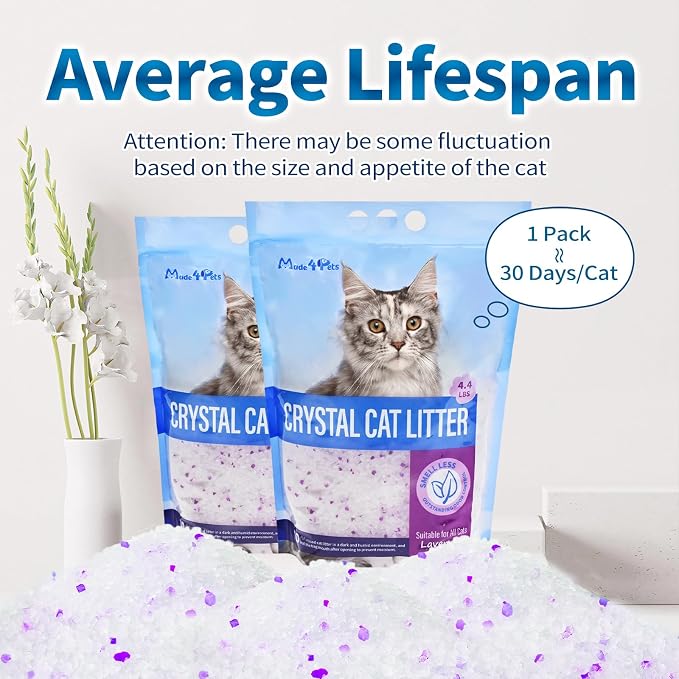 Made4Pets Cat Litter Crystals, Non Clumping Cat Litter Odor Control Silica Gel Cat Litter Non Clumping Low Dust, Low Tracking, Lightweight, Dehydrates Waste, Lavender – 8.6 lbs (2 x 4.3 lb Packs)