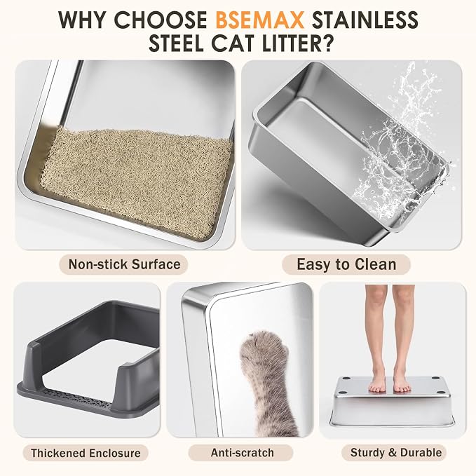 Stainless Steel Litter Box, 17.4'' x 13.5'' x 8.5'' Metal Kitty Litter Box for Small Cats Kitten High Sided Litter Boxs with Scoop Open Top Low Entry Easy to Clean Non-Sticky Anti-Leakage