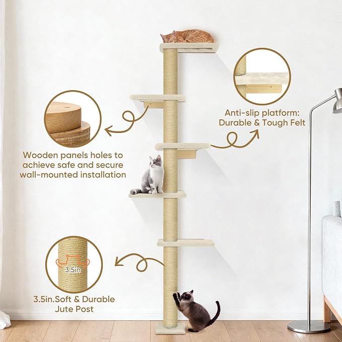 PAWSCRAT Wall-Mounted Cat Tree, 5 Tier Floor to Ceiling Cats Tower, 80 Inch Wall-Mounted Cat Scratching Post, Space Saving Cat Furniture and Easliy Climb for All Cats, Beige