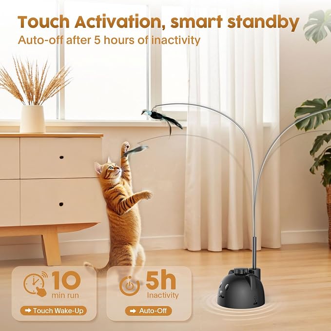 Interactive Cat Toys for Indoor Cats: Automatic Flying Bird Cat Toy with 360° Feather Wand, Strong 8cm Suction Cup, USB Rechargeable Self-Play Cat Toy for Bored Kittens & Adult Cats