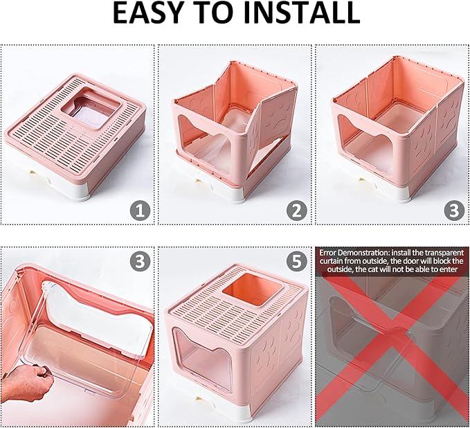 Cat Litter Box Foldable Portable Cat Litter Pan with Lid,Top Entry Litter Box Large Covered Cat Litter Box for Travel with Cat Litter Scoop,Brush and Garbage Bag