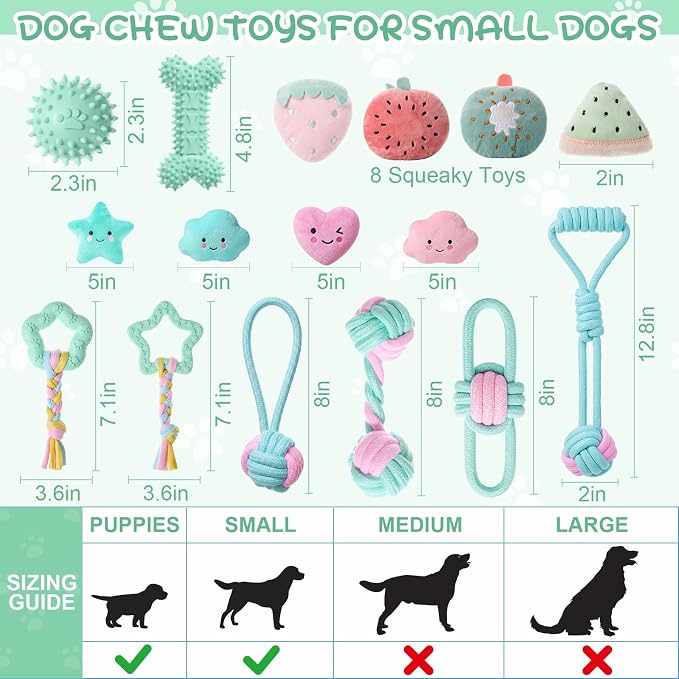 Leitee 16 Pcs Puppy Toys for Teething Dog Chew Toys for Small Dogs Soft Interactive Squeaky Plush Balls Doggy Teeth Tug of War and Rope for Small Dogs Puppy (Cute,Lemon Green,Pink)