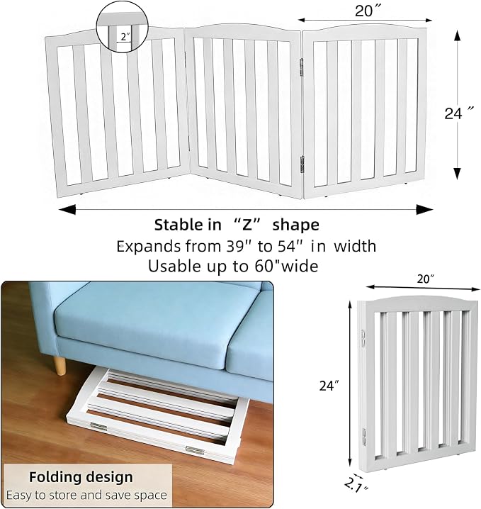 Freestanding Dog Gate Indoor,Doggie Gate Foldable Pet Gates for Doorways,Stairs or Hallways, Wooden White Pet Gate for the House, Pet Fence with Support Feet Included,24 "Height-3 Panels