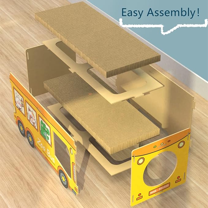 SHENGOCASE Wooden Jumbo 26.4" x 11.8" Extra Large Bus Shaped Cat Scratcher House for Maine Coon, Cardboard Cat House with Scratching Pad