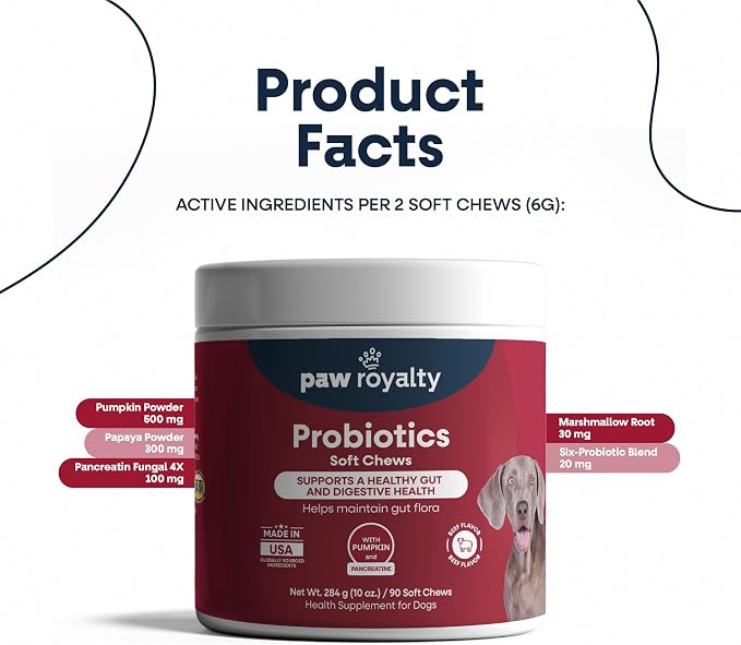 Probiotic Support for Dogs | Probiotics, Pumpkin, Papaya Enzyme, Marshmallow Root & Pancreatin for Digestive Health, Gut Balance & Stool Quality | Beef Flavor Soft Chews, 90 Count