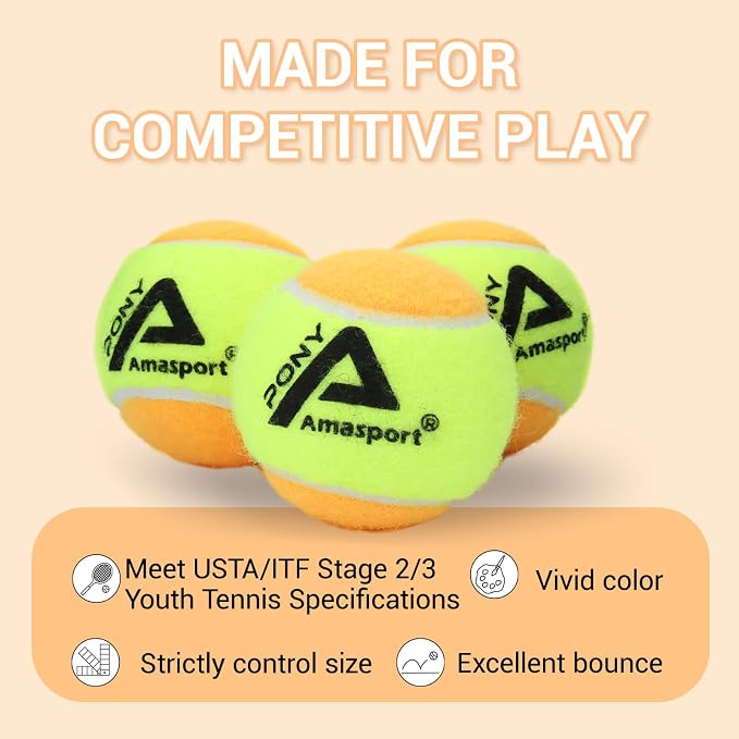 AMA SPORT Tennis Balls - 25%-50%-75% Low Compression Stage Practice Tennis Balls for Beginners Youth Training