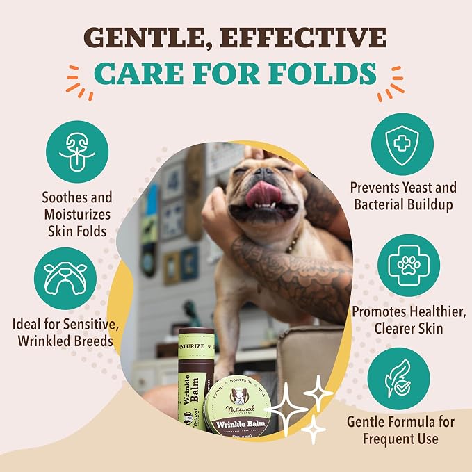 Natural Dog Company Wrinkle Balm for Dogs – Dog Skin Fold Balm for Bulldogs, Frenchies & Pugs, Moisturizing Face Fold Care for Warm Weather, Humid Summer Days & Daily Cleaning Routines, 2 oz Stick