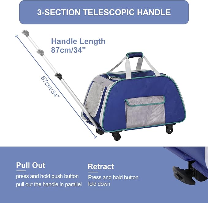 A 4 Pet Dog Carrier with Wheels,Foldable Rolling Pet Carrier Up to 33 LBS with Removable Base, Extendable Handle & 4-Wheels Design, Mesh Ventilation Windows and Safety Rope,Navy Blue