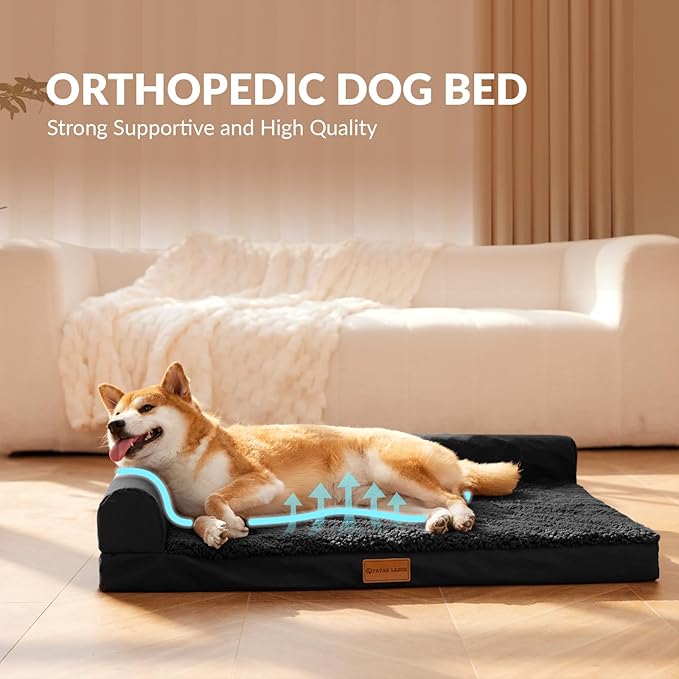 Patas Lague Orthopedic XL Dog Bed Large Sized Dog 48''X30'', Waterproof L Bolster Big Large Pet Sofa Beds with Removable Washable Cover, Soft Pet Couch Crate Mat with Nonskid Bottom, Black