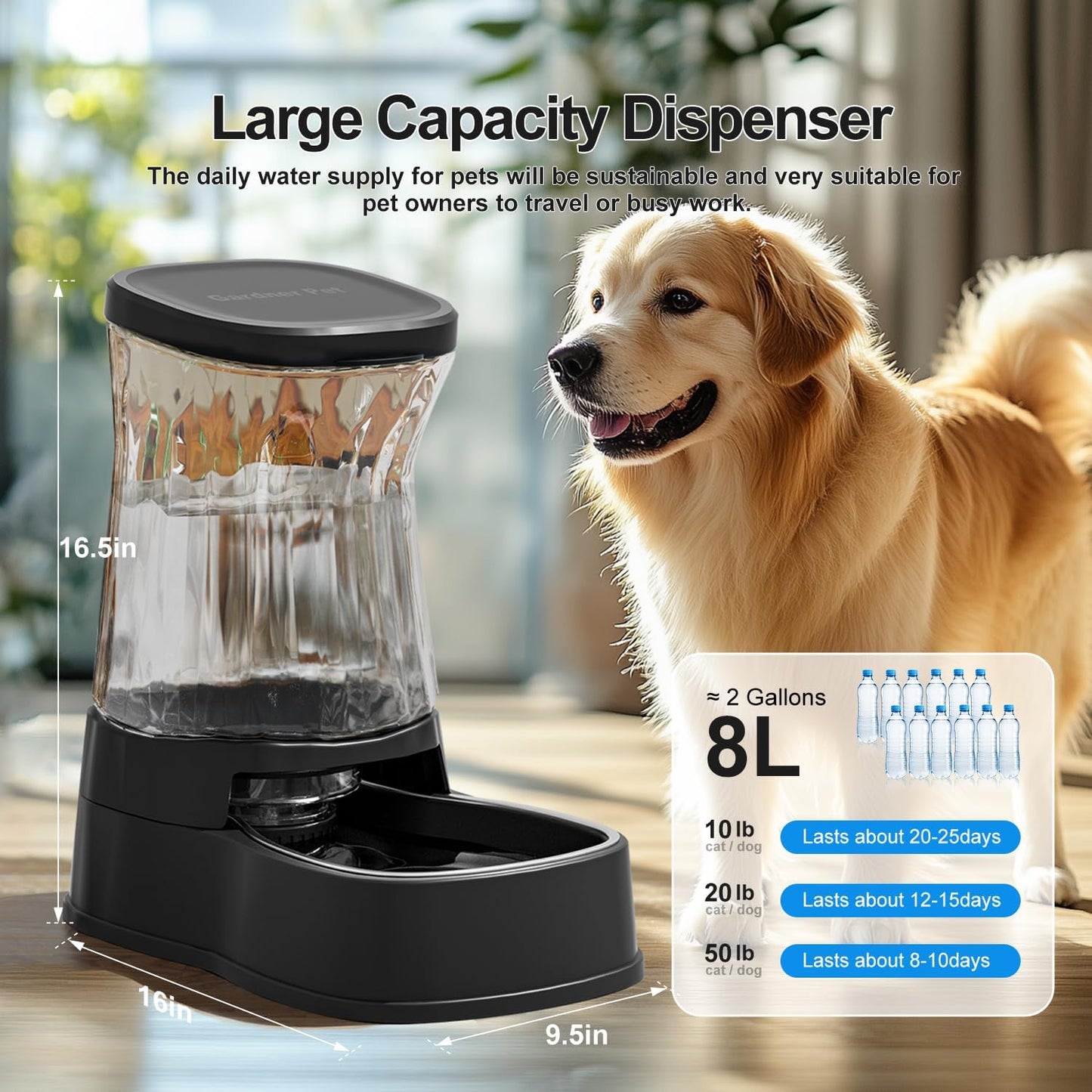 Gardner Pet Automatic Dog Water Dispenser Gravity Stainless Steel Water Waterer Feeder, Large Capacity Water Feeding Bowls for Medium & Large-Sized Dogs Cats Other Pets -(2.1 Gallon)
