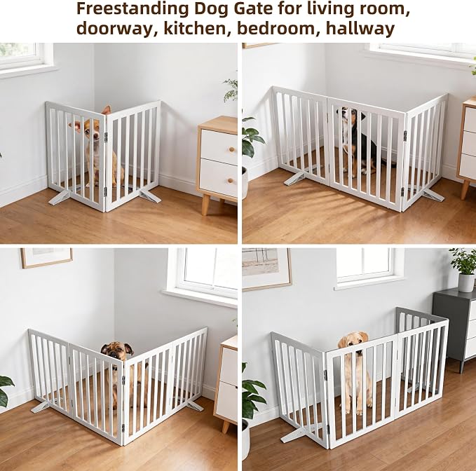 ZJSF Freestanding Indoor Dog Gate for House Foldable Wood White Puppy Gate for Doorways Pet Gate for Stairs Extra Wide Pet Fence 32" Height 2 Panels