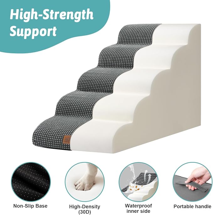 COZY KISS Extra Wide Dog Stairs 19.7" Width, Large Pet Step for Small Medium Dog, Puppy or Cat, Ramp for High Bed or Car, High Density Foam Ladder, Stable, 5 Step, 19.7x33x22.4 in, Charcoal Grey