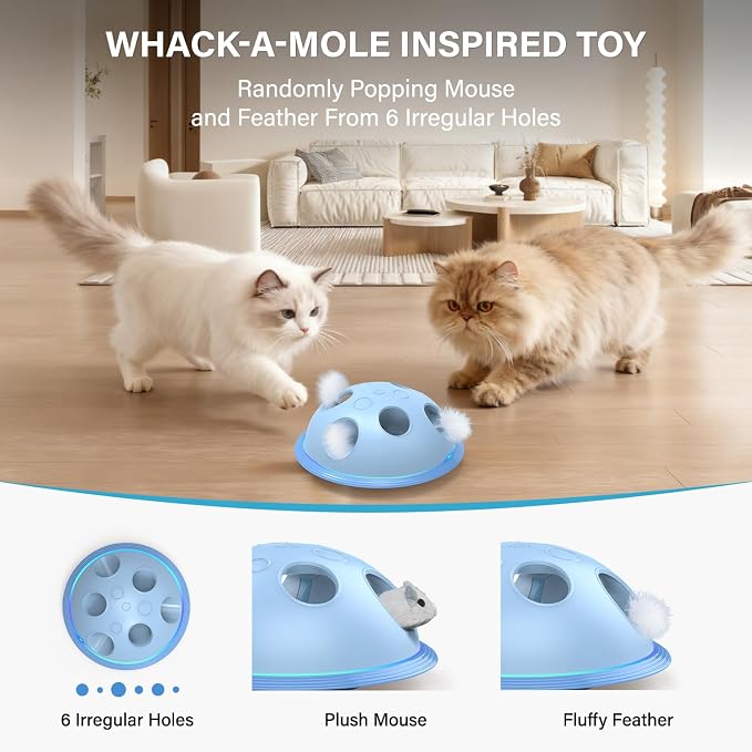 Pawingcat Automatic Cat String Toy 6 Holes Whack a Mole Cat Toy with Plush Running Cat Mouse Toy Hide and Seek Interactive Cat Toys for Indoor Cats（Blue）