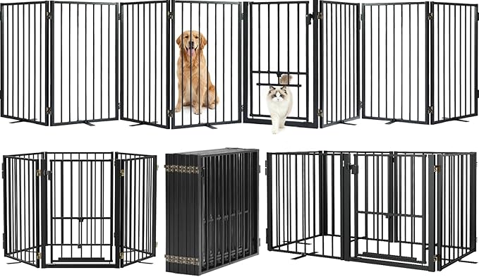 Metal Freestanding Dog Gate with Cat Door for Outdoor & Indoor,160" Extra Wide Foldable Pet Fence,30" Tall Dog Gate for RV Camping,Stairs,Hallways,Doorways,Deck,Yard,with 7PCS Support(8 Panels,Black)