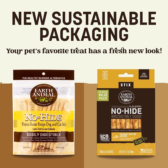 Earth Animal No Hide Stix - Long Lasting Rawhide Free Small Dog Chews Sticks, Peanut Butter - 30 Count