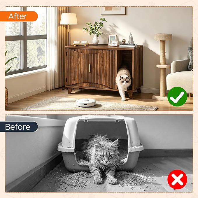 HOOBRO Cat Litter Box Enclosure, 31.5" Hidden Litter Box Furniture with Wave-Patterned Door & Side Entrance, Litter Box Cabinet with Raised Wooden Legs, Living Room End Side Table, Walnut WL28MW01