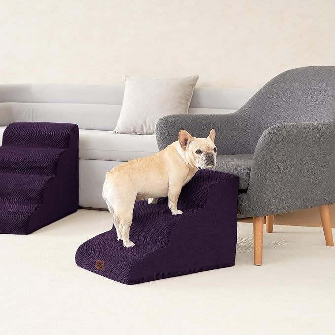 EHEYCIGA Curved Dog Stairs Ramp for Small Dogs 15.7" H, 3-Step Dog Steps for Couch Sofa and Chair, Pet Stairs for Cats, Non-Slip Balanced Pet Steps Indoor, Purple