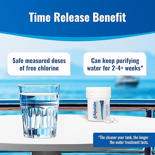 Drinking Water Essentials Kit - 100 Aquatabs Water Purification Tablets + 50 Chlorine Test Strips - for Boat and RV Tanks - By Aquamarine Water Solutions