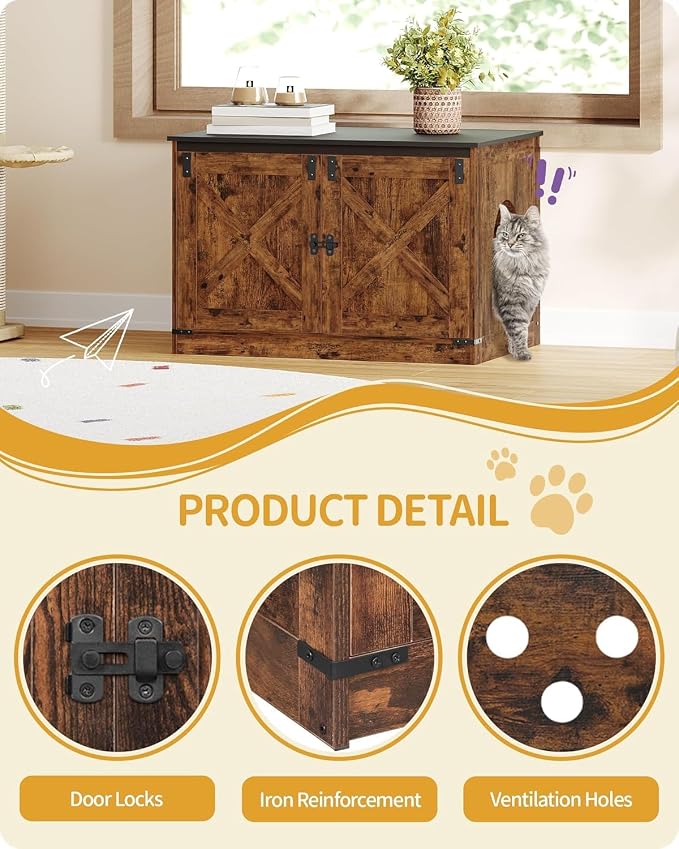 Hzuaneri Cat Litter Box Enclosure with Cushion, Hidden Litter Box Furniture with Removable Dividers, Reversible Entrance Left or Right Side, Cat House, Rustic Brown and Black CB84601X