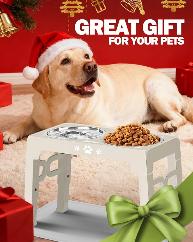 Jovrun Elevated Dog Bowls for Medium Large Dogs with Mat, Non-Slip Dog Feeder with 1*Stainless Steel Dishes & 1*Slow Feeder Bowl, 5 Heights Adjustable Raised Bowls for 3.15″-8.66″-9.84″-11.02″-12.2″