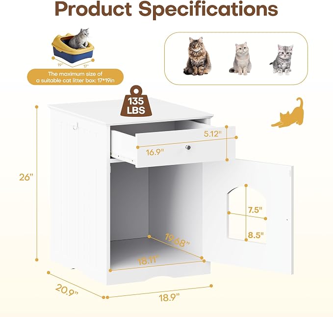 Litter Box Enclosure, Hidden Cat Litter Box Cabinet with Drawer, Wooden Pet Crate, Litter Box Furniture as Cat House, End Table, Fit Most of Litter Box (White)