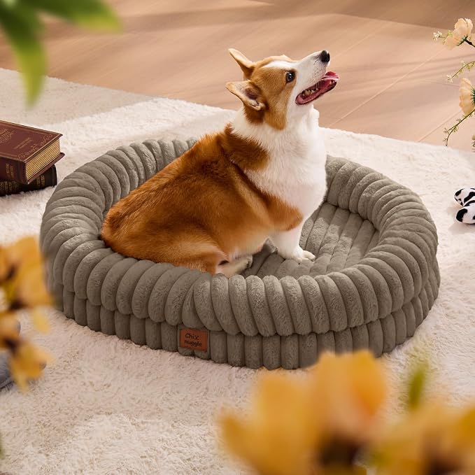 ChiXnuggle Orthopedic Dog Bed for Large Dogs, Waterproof Faux Rabbit Fur Dog Couch with Egg Crate Foam Support and Washable Removable Cover, Bolster Pet Sofa with Non-Slip Bottom, 35x28x7, Taupe