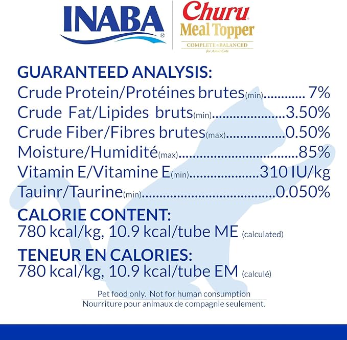 INABA Churu Meal Topper for Cats, Complete & Balanced, Creamy, Lickable Purée Cat Food Topper, 0.5 Ounce Tube, 12 Tubes (4 per Pack), Chicken with Cheese Recipe