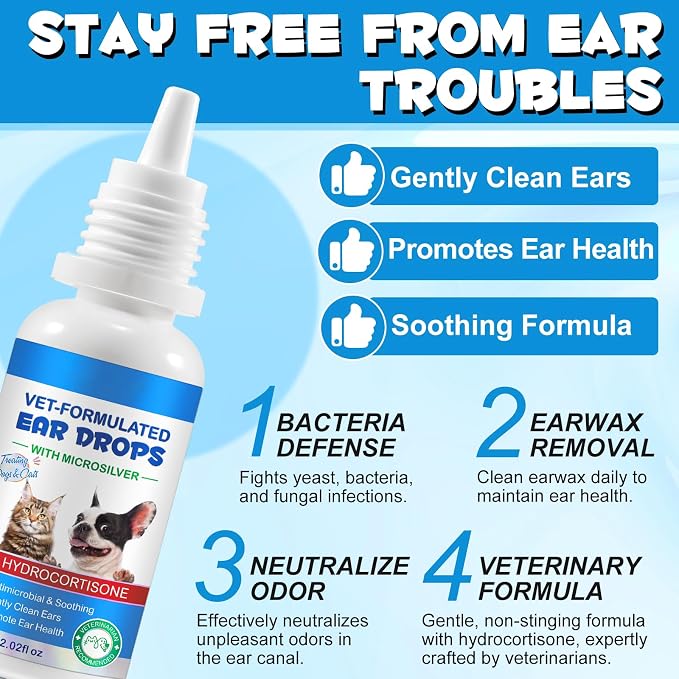Dog & Cat Ear Infection Treatment Drop with 1% Hydrocortisone for Dog Yeast Ear Infections, Soothes Itchy Ears, Prevents Infections, Safe for Puppies, Adult, Ear Drops for Dogs & Cats 2 fl oz.