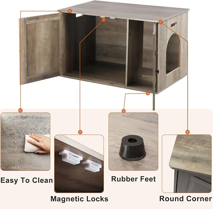 Timberer Cat Litter Box Enclosure, Litter Box Furniture Hidden with Removable Divider, Wooden Cat Washroom Furniture, Greige