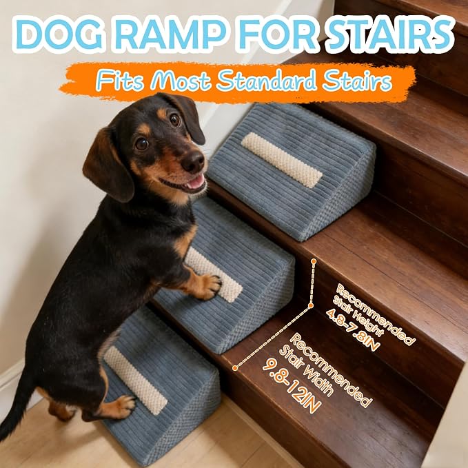 Foam Dog Ramp for Stairs, Low-Impact Climbing Dog Stairs for Senior Dogs | 5.1"H, 2 Pack, 40D High-Density Foam Won't Collapse, Protects Joints, Anti-Slip & Self-Sticky Pads, Washable Cover, Grey