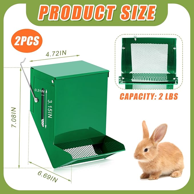 Maxcheck 2 Pcs Rabbit Feeder for Cages Viewing Window Small Animal Food Dispenser with Lid Metal Guinea Pigs Feeders Indoor Outdoor