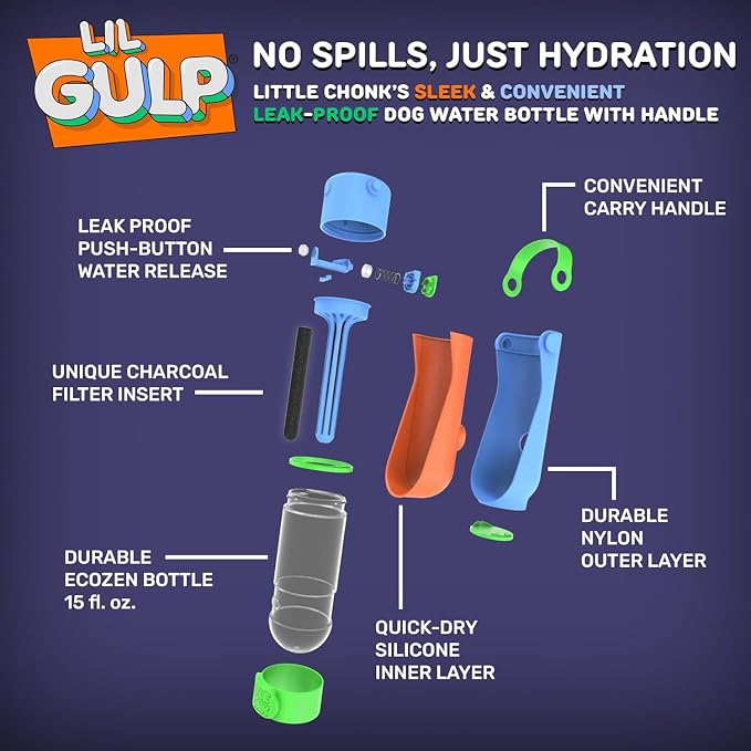 Lil Gulp Water Bottle | Advanced Carbon Filtration for Safe Filtered Water on The Go | BPA-Free Leak-Proof Portable Dog Travel Water Bottle with Retractable Water Spout, 15 Fl oz - Sherbet Soaker