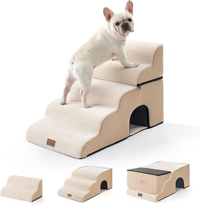 COZY KISS Extra Wide Dog Stairs with Tunnel, Foam Detachable Large Dog Step for Small Pet, Puppy or Cats, Medium Pet Ramp for High Bed, Couch, Sofa or Car, 19.7x33x22.4 inch, 5 Step, Beige