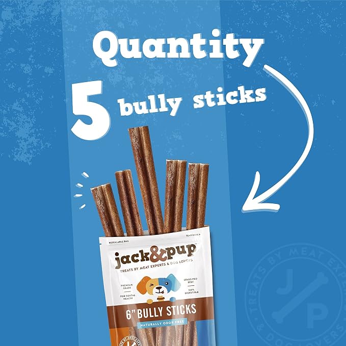 Jack&Pup 6 Inch Bully Sticks for Dogs (5 Pack) Extra Thick Long Lasting Dog Chews, Single Ingredient, 100% Beef Bully Sticks for Large Dogs