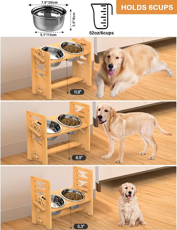 Vantic Elevated Dog Bowls, Adjustable Raised Dog Bowl Stand for Large and XLarge Pet, Sturdy Bamboo Food Feeder with 2 Stainless Steel Dishes, Natural