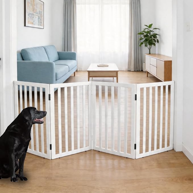 Dog Gate Indoor, Freestanding Dog Fence for The House, Doorways, Hallways,or Stairs,Pet Gate Foldable Wooden,Expandable 32" Height 4 Panels,White