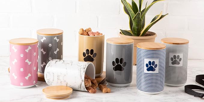 Bone Dry Ceramic Bone & Paw Pet Collection, Dishwasher Safe, Treat Jar, 4x6.5", Gray