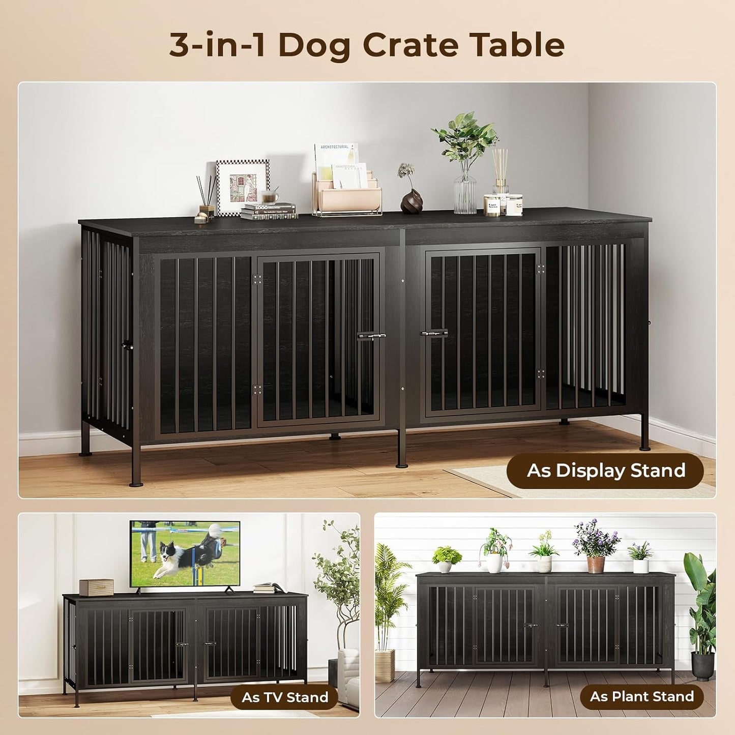 78 Inch Dog Cage Furniture for 2 Large/Medium Dogs with Removable Divider, Extra Large Double Doors Dog Kennel, XXL Thick Wooden Dog cage Furniture, Durable and Sturdy, Dark Grey