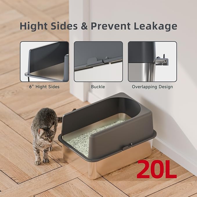 Booche High-Sided Stainless Steel Cat Litter Box,Stainless Steel Litter Box with Lid,Extra Medium Box,Easy-to-Clean Metal Litter Pan for Cats (20''L X 14''W X 12''H with Enclosure)