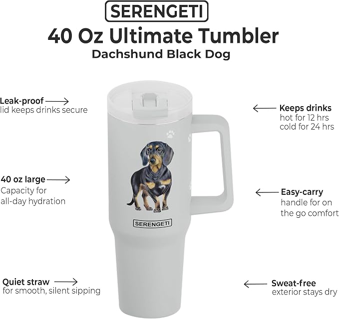 SERENGETI 40 Oz Ultimate Tumbler with Handle and Straw - Vacuum Insulated Tumbler with Straw and Lid - Stainless Steel Travel Mug for Pet Lovers - 3D Designs of your favorite Dog (Black Dachshund)