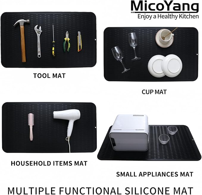 MicoYang Silicone Dish Drying Mat for Multiple Usage,Easy clean,Eco-friendly,Heat-resistant Silicone Mat for Kitchen Counter or Sink,Refrigerator or Drawer Liner Black 4XL 32 inches x 18 inches