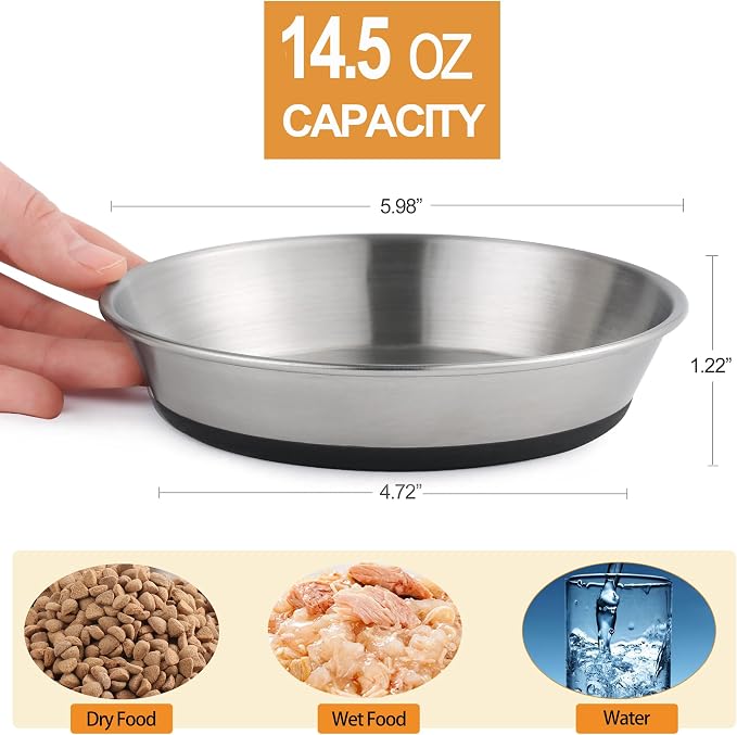 WROSWT Stainless Steel Cat Bowls,Whisker Friendly Shallow Cat Dishes for Food and Water,Non-Slip Silicone Bottom,Heavy Duty,Replacement Kitten Metal Plate for Elevated Stands,6 Pack