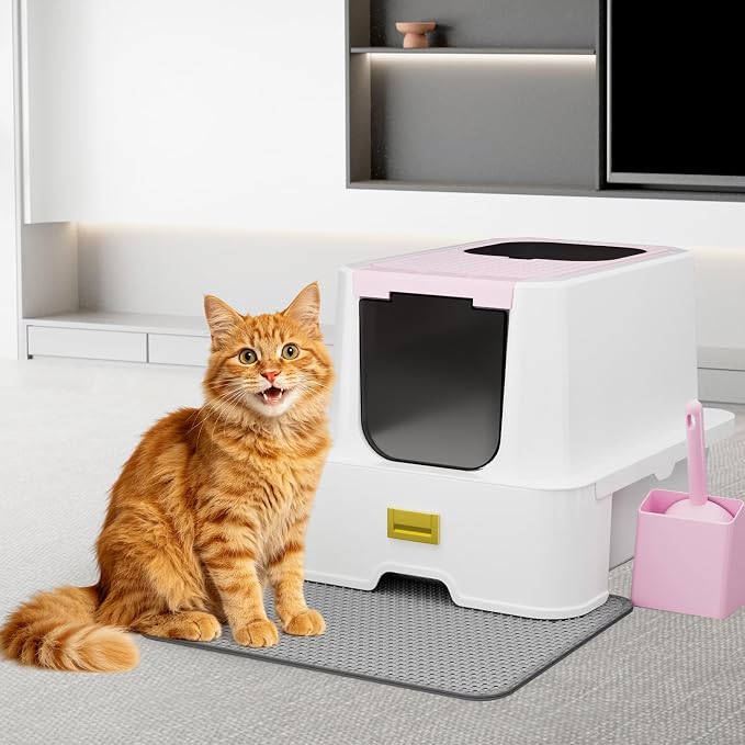 RIZZARI Pink Stainless Steel Cat Litter Box with Lid, Hidden Covered Kitty Litter Box with Drawer & Deodorizer Spray, Modern Top Entry Litter Box for Indoor Cats, Bedrooms, Apartments & Living Spaces