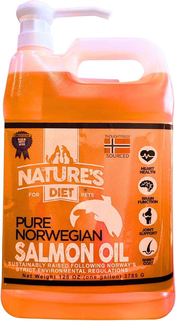 Nature's Diet Pet 32 oz Norwegian Salmon Oil Dogs & Cats - Natural Support for Joint Function Immune Heart Health Appetite Skin & Coat Omega 3 6 9 Liquid Food Topper EPA DHA Fatty Acids (1 Gallon)