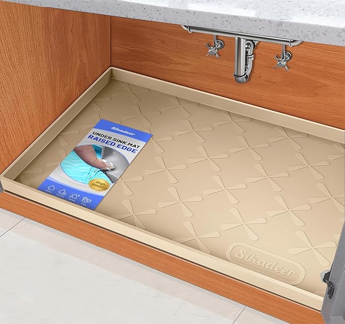 SIKADEER Waterproof Under Sink Mat 22x19, Raised Edge Silicone Mat Under Sink Shelf Liner, Sink Protector Kitchen Cabinet Tray for Bathroom Vanity and Small Cabinets, Cat Food Mat