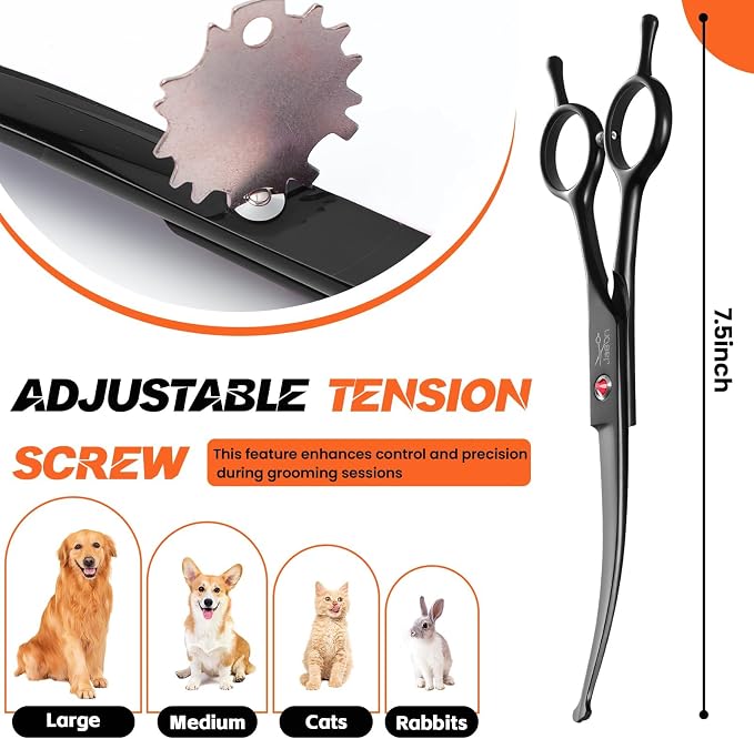 JASON 7" Dog Grooming Shear - Professional Up-curved Scissor with Round Tips Japanese Stainless Steel Hair Scissor for Dogs, Cats and Other Pets (Curved with Round Tips, Black) Christmas Gift