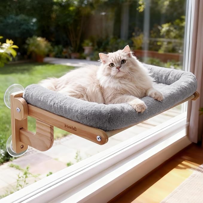 Pecute Cat Window Hammock Foldable, Space Saving Cat Window Bed with Soft Cushion, Sturdy Wood Frame Hanging Cats Lounge Seat, Collapsible Large Perch with Suction Cups for Indoor Cats(Grey, 26" L)